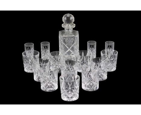 A set of six and a set of four cut glass whisky tumblers together with four similar Royal Doulton shot glasses and a decanter