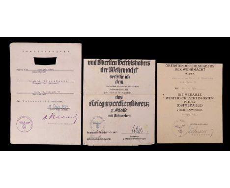 Three German Third Reich award citations, comprising clipped award citations to Friedrich Bösselmann of Eisenbahn Pioneer Kom