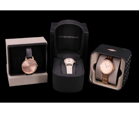 A boxed Emporio Armani wristwatch having a mother-of-pearl face and on a leather strap, together with a boxed Olivia Burton a