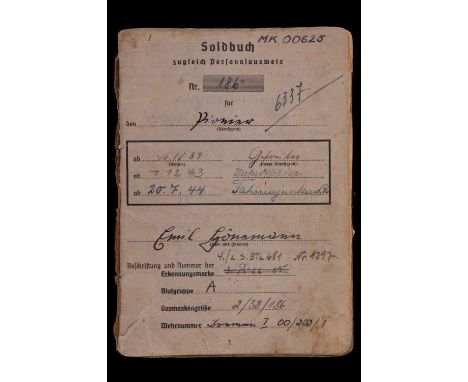 A German Third Reich Army Soldbuch issued in 1939 to a pioneer, Great War and Second World War service ending in a POW Guard 
