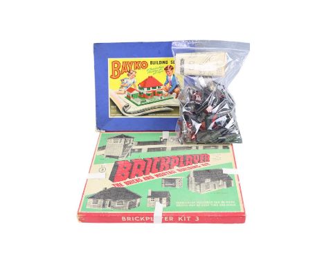 A vintage Bayko Building Set and Brickplayer Building Kit 3 together with a Wenebrik "The More Than Toy" architectural tinpla