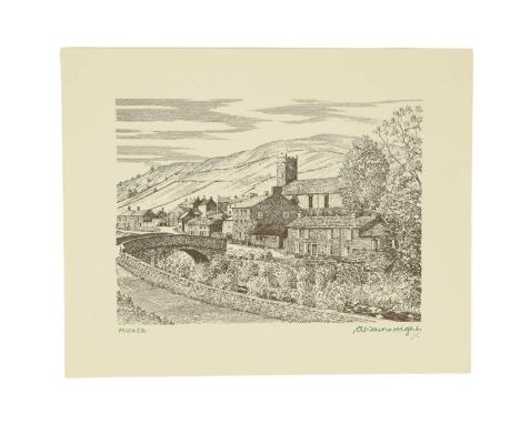 Alfred Wainwright (1907-1991)“Muker”, a charming study of the Yorkshire village with the River Swale flowing beneath a packho