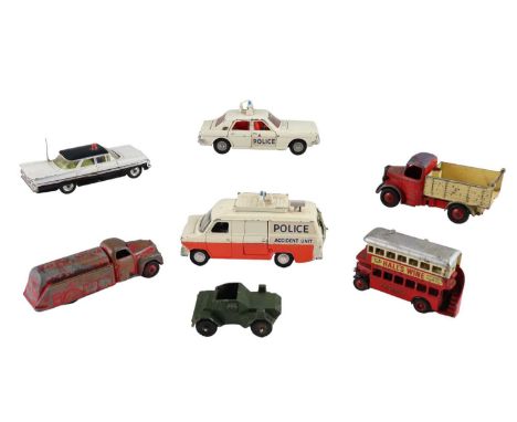 A small group of vintage diecast toy cars including a Dinky Police Accident Unit Ford Transit Van and Ford Zodiac, Corgi Chev