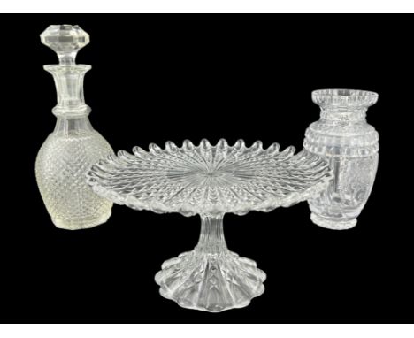 A finely cut floral decorated glass vase, a pressed decanter and a cake stand, decanter 28 cm