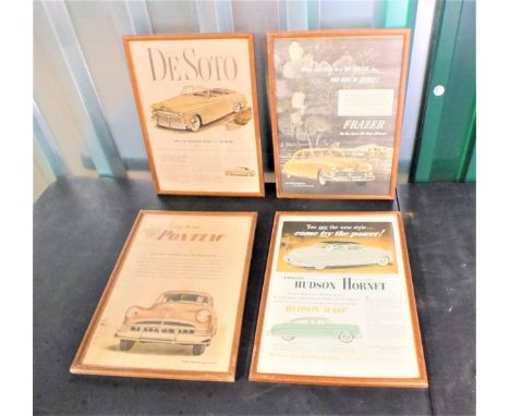 Four small framed posters including of vintage cars including De Sota, Hudson Hornet, Frazer and Pontiac