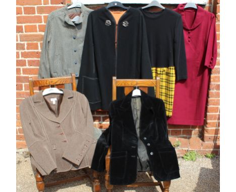 A 1970's black woollen cloak, two jackets, two dresses and a tweed two piece suit