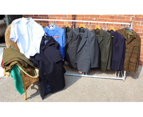 Various items of vintage men's clothing items including a Kenworth bomber jacket, formal jackets and suits, a USA Air Force s