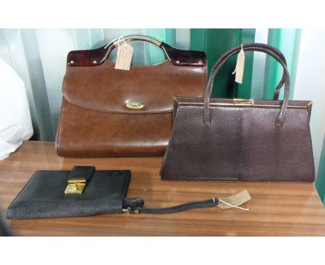 Two vintage handbags (one in mock lizard skin) and a black leather clutch bag