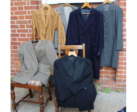 Various vintage men's clothing items including two jackets, two coats, a formal suit and a dressing robe