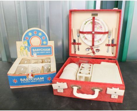 A vintage red case picnic set and a set of six Babysham glasses in original presentation box