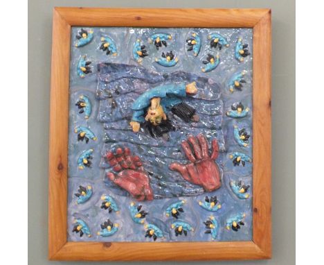 A framed grogged clay work "Puppet Jump" by Guy Richardson (part of the North Sea Magical Realist movement)