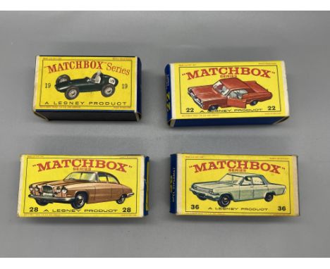 Four empty vintage Matchbox car boxes numbers 19, 22, 28 and 36