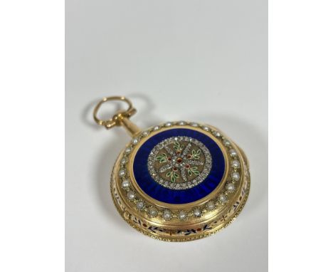 A diamond-set gold (unmarked) pair-cased pocket watch, late 18th century, the tortoiseshell outer case with pinwork decoratio