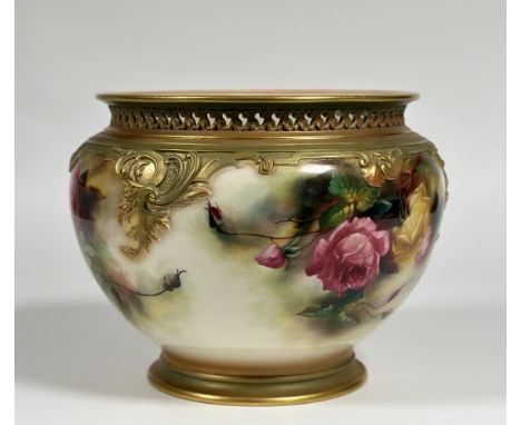 A Royal Worcester porcelain jardiniere, painted with roses and highlighted with gilding, signed by Mary Eaton, green printed 