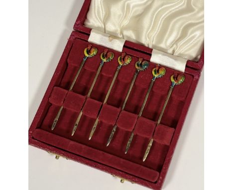 A cased set of six enamelled silver cockerel cocktail sticks, Adie Brothers Ltd., Birmingham 1957, each stick with polychrome