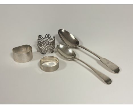 A group of 19th century and later silver comprising: an Edwardian napkin ring, Birmingham 1905, another 1944 and a third engi