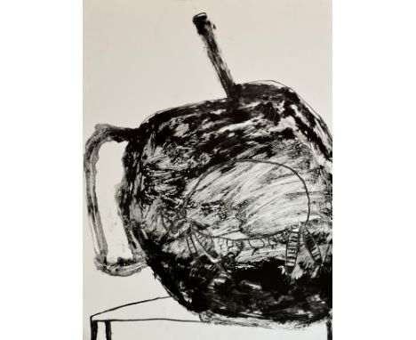 Pat Douthwaite (1934-2002), Cat and Apple Shaped Teapot, lithograph on paper, signed in pencil, ed. 3/20, unframed. 56cm by 7