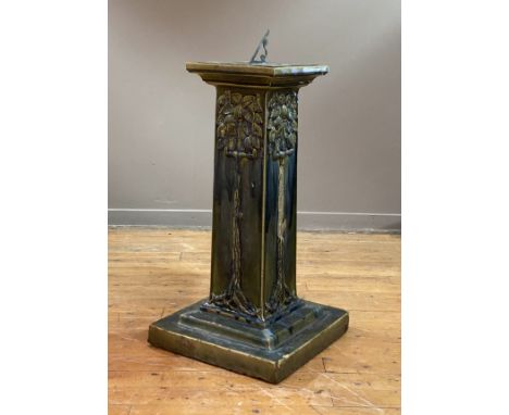 An imposing Arts and Crafts copper sundial, late 19th century, the blue / green slip glazed stoneware pedestal of square tape