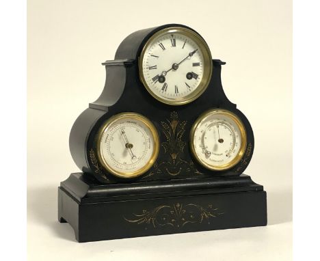 A Victorian slate drum head mantel clock with integrated aneroid barometer and thermometer, the white enamel dials with Roman