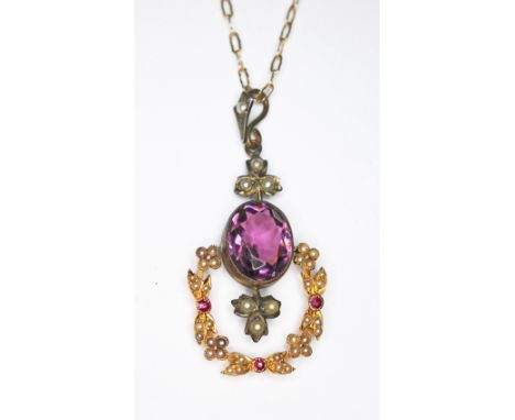 A purple paste, ruby and split pearl pendant, maker's mark 'T+H', otherwise unmarked, length 46mm, on 40cm chain with 9ct gol
