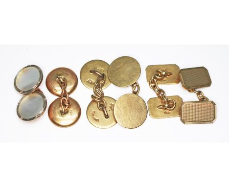 Three pairs of cufflinks, one pair set with mother of pearl and marked '9ct', another pair marked '9ct' and one hallmarked 9c