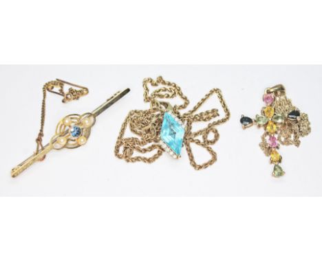 Three items of jewellery comprising an early 20th century sapphire and split pearl bar brooch marked '15ct' wt. 3.3g, a hallm