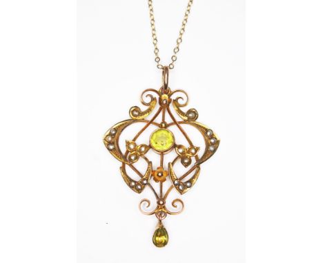An Edwardian Art Nouveau style garnet topped double and seed pearl pendant, length 44mm, on 45cm chain, both marked '9ct', gr