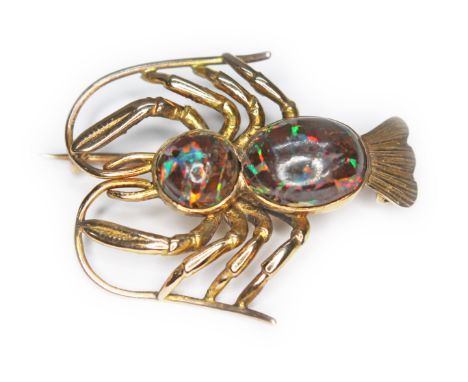 An antique opal crustacean brooch modelled as a lobster with two boulder opal cabochons forming the the body, maker's initial