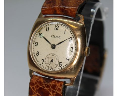 A 9ct gold cased Bernex watch, width 29mm, 15 jewel manual wind movement, leather strap.  