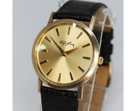 A Roy King 9ct gold gents wristwatch, case diam. 32mm, 17 jewel manual wind Bueche Girod movement, leather strap.  Condition 