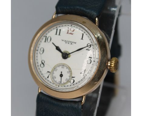 A 1920s Waltham 9ct gold wristwatch, case diam. 32mm, seven jewel manual wind movement, later leather strap.&nbsp;Condition -