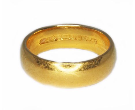 A 1990s 22ct gold wedding band, sponsor 'H.S.LTD', Birmingham 1994, wt. 8.1g, size L/M.  Condition - good, general wear only 