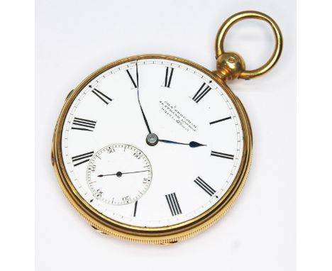 A mid 19th century 18ct gold open faced pocket watch by Charles Frodsham, white enamel dial signed 'Chas. Frodsham' with Roma