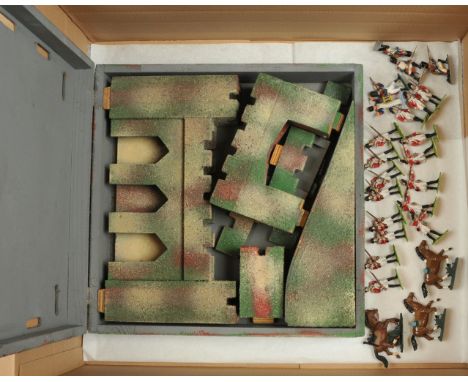 Unidentified Maker - Wooden Castle &amp; Plastic Soldiers. Comprising of castle parts inside box with hinged lid which also d