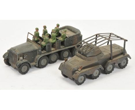 Marklin Diecast Military Pre-War A Pair - (1) Transporter - Dark Grey with 6 X Figures, flat hubs with black tyres and (2) Pa