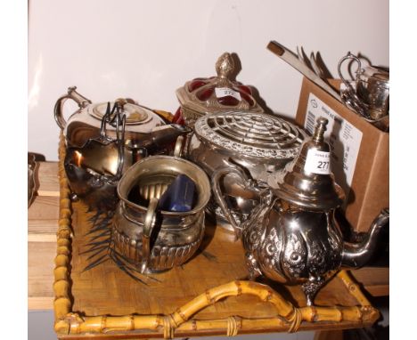 A silver plated square casket with blown ruby glass liner, two plated teapots, two sugar bowls, a rosebowl and a silver South