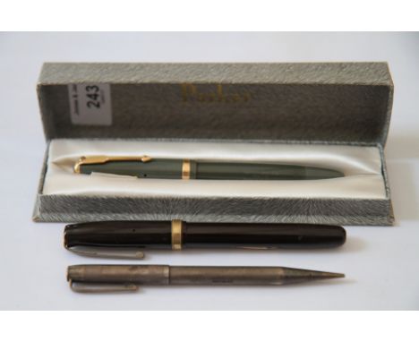 A Parker Duofold fountain pen, in grey case with box, and a Waterman's lever action fountain pen, both with 14ct gold nibs, a