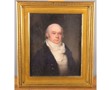 An early 19th Century portrait miniature, gentleman in black coat and white cravat, 4" x 3 1/2", in gilt metal frame, an 18th