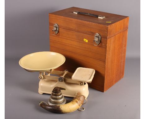 A pair of mid 20th Century cream enamel kitchen scales, in wooden case