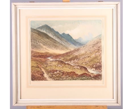 R Herdman-Smith: a pair of coloured etchings, Scottish views, signed and titled in pencil, 10" x 11", in wash lined frames, S