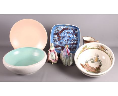 A Royal Doulton bone china "Suzette" figure, a companion "Sweet Anne", a Portmeirion bird decorated bowl, two Poole dishes, C