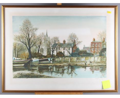Jeremy King: a limited edition signed coloured lithograph, "Fishing at Chiswick", 24/200, 21" x 28", in gilt frame, and a wat