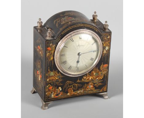 An Asprey's early 20th Century arch top mantel clock in black and gilt chinoiserie decorated case, 6.5" high