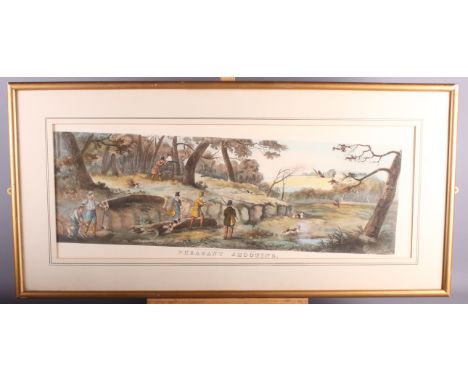 A colour print, pheasant shooting, in gilt frame, and a needle point panel, bon viveur, in painted frame