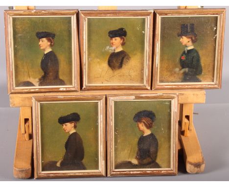 English late 19th Century School: a set of five miniature oils on canvas faced board portrait miniatures of noblewomen, inclu