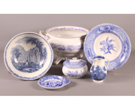 A Carlton ware blue and white transfer decorated pedestal bowl, an "Ivy Wreath" pattern soup tureen, a Willow pattern jug and