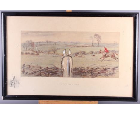 Snaffles: a pencil signed coloured hunting print, "The Finest view in Europe", and a pair of smaller coloured hunting prints