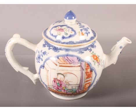 A Chinese polychrome enamel decorated globular teapot and cover (restored cover), 6 1/2" high