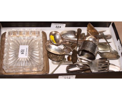 A pair of silver sauce ladles, a silver preserve spoon, a silver bread fork and a small quantity of plated items