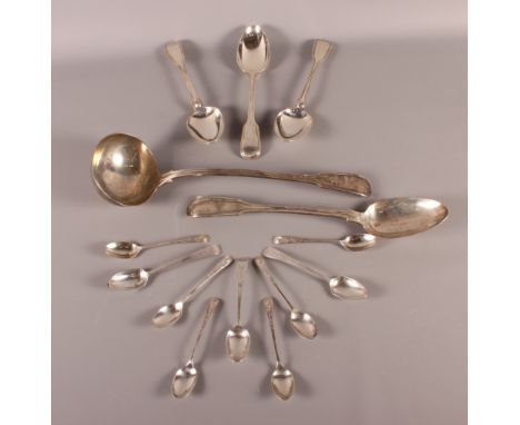 A selection of silver flatware including punch ladle, basting spoon, serving spoons and teaspoons, 27.3oz troy approx